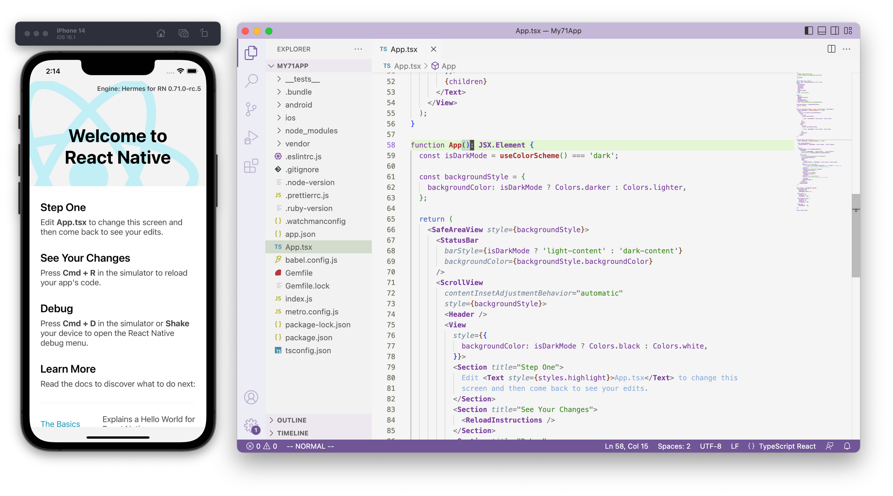 Screenshot of an iPhone simulator running a new app generated by React Native CLI. Alongside the simulator is a screenshot of Visual Studio Code editor opened to "App.tsx" to illustrate it is running a TypeScript file.